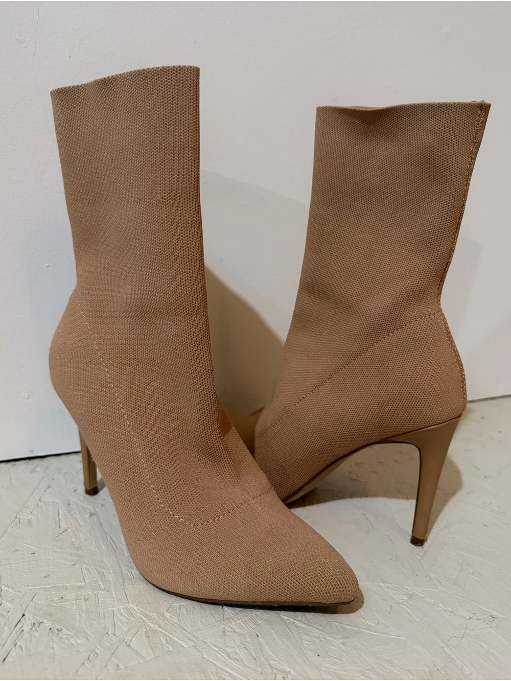 Express Nude Stretch Sock Booties Pointed Toe Heels